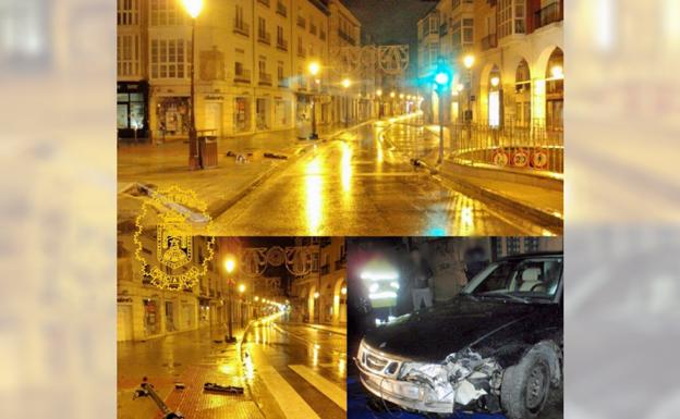 El vehículo impactó contra el semáforo que regula el paso de peatones de los Soportales de Antón/@PoliciadeBurgos