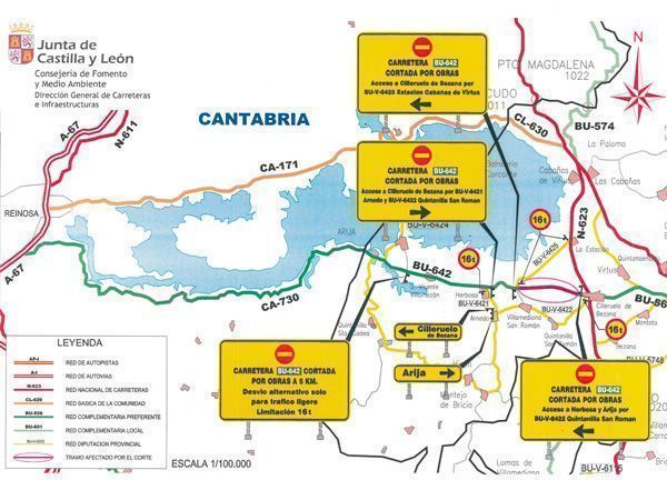 Corte por obras de la BU-642 entre Cilleruelo de Bezana y Cantabria