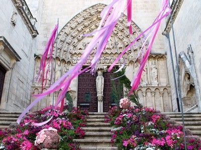 La Puerta del Sarmental de la Catedral está teñida de rosa. IAC