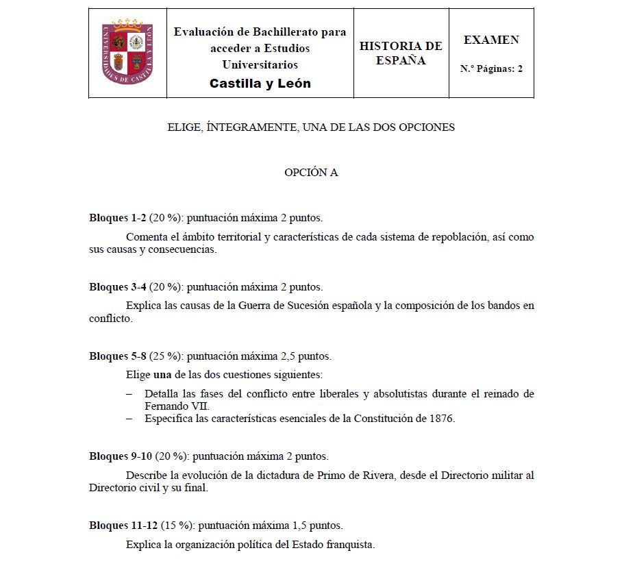 Exámenes de Historia de la EBAU (antigua Selectividad) de las distintas comunidades