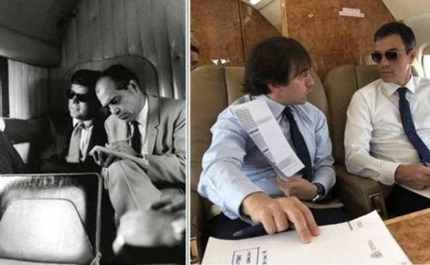 Pedro Sánchez, con gafas dentro de un avión, igual que Kennedy