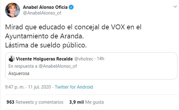 Anabel Alonso se enfrenta al concejal de Vox en Aranda que la insultó en Twitter