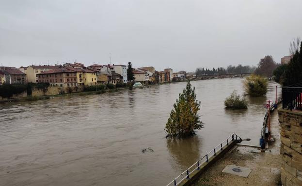 El río Ebro alcanza su nivel máximo, anega calles y provoca cortes al tráfico en Miranda