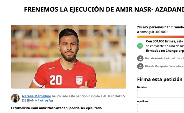 Más de 343.000 personas firman para detener la ejecución del futbolista iraní Nasr-Azadani